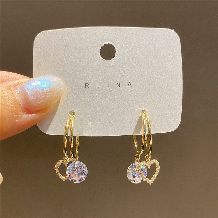 Double Circle Love Girly Temperamental Sier Needle Rhinestone Small Earrings