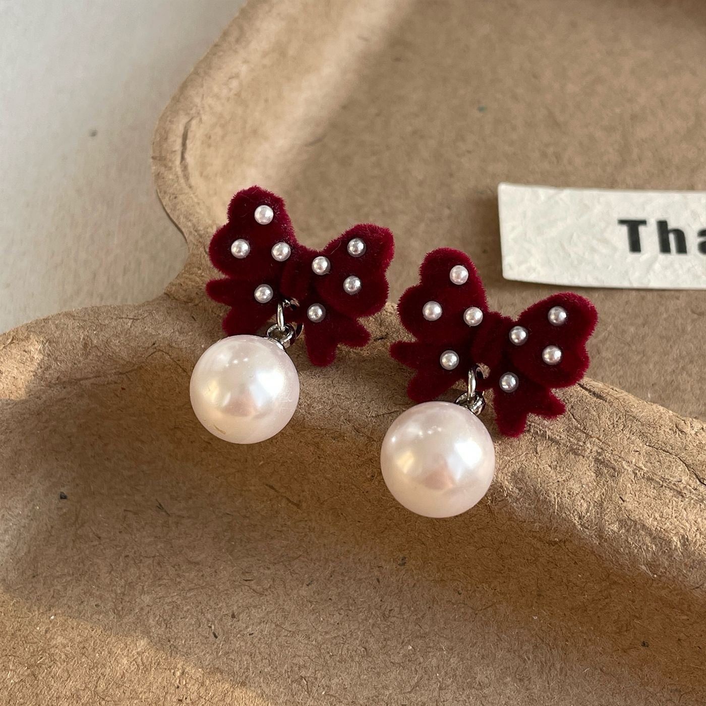 Women's Red Flocking Bow Sier Needle Retro Exquisite Pearl Earrings