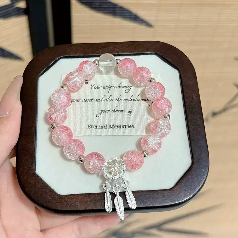 Peach Pink Glass Beaded Fresh Sweet Temperament White Bow Pony Bracelets