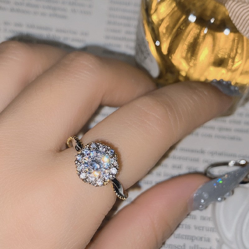 Camellia Fashion Romantic French Golden Rhinestone Gold Plated Ring