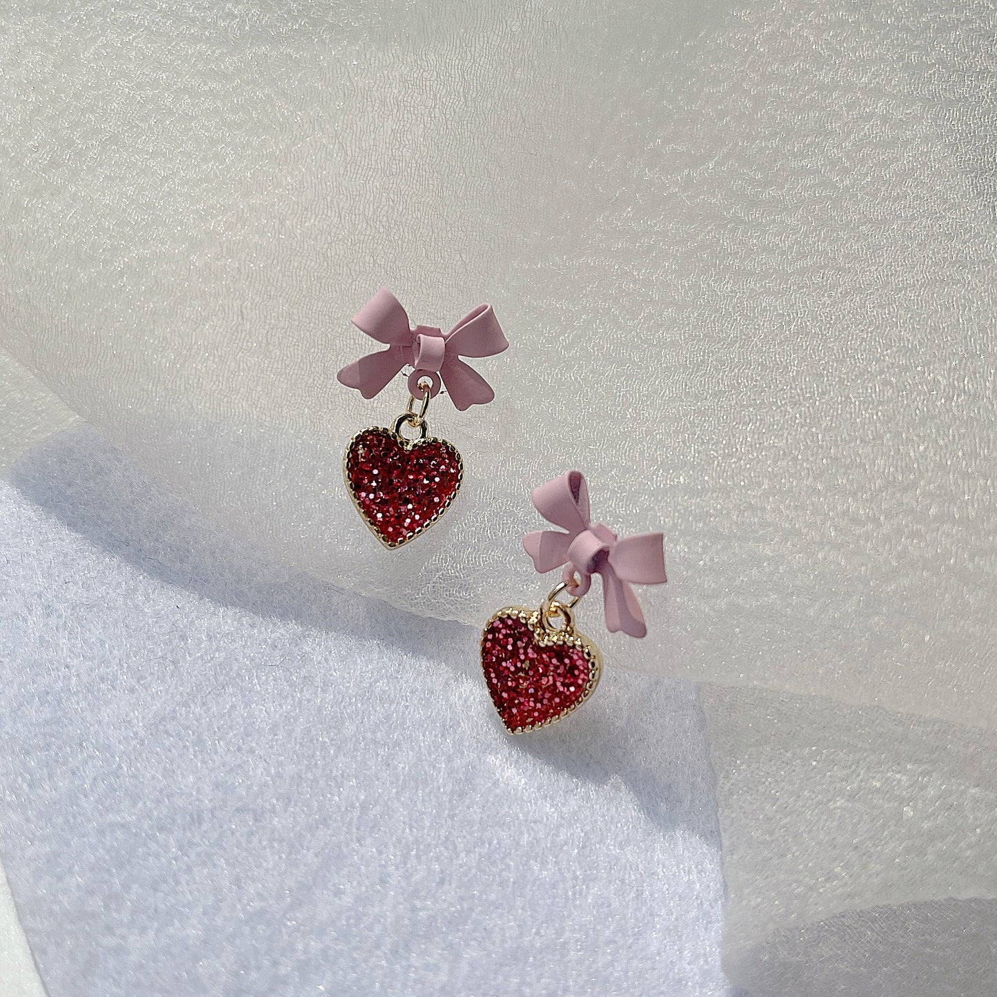 Women's Red Heart-shaped Enamel Girlish Style Bow White Earrings