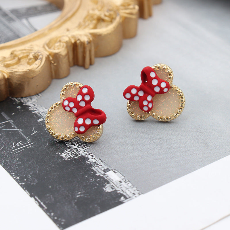 Creative Red Polka Dot Bow Cute Mickey Mouse Sweet Elegance Stud Earrings