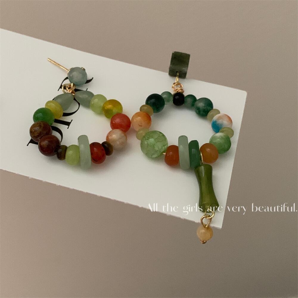 Chinese Style Natural Stone Beaded Asymmetric Mori Artistic Retro Earrings
