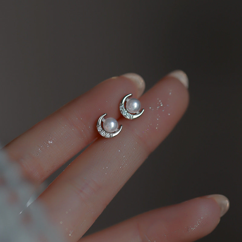 Women's Sier Moon Light Luxury Minority High-grade Zircon Stud Earrings