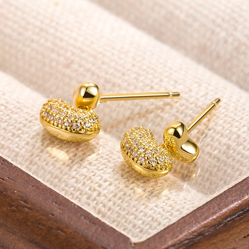 Women's Bowl Bean Exquisite Small High Sense Loving Heart Zircon Eardrops Stud Earrings