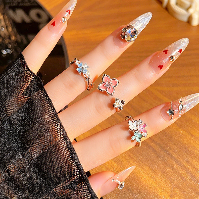 Cherry Blossoms Colorful Enamel Open Gentle Sweet Niche Flower Rings