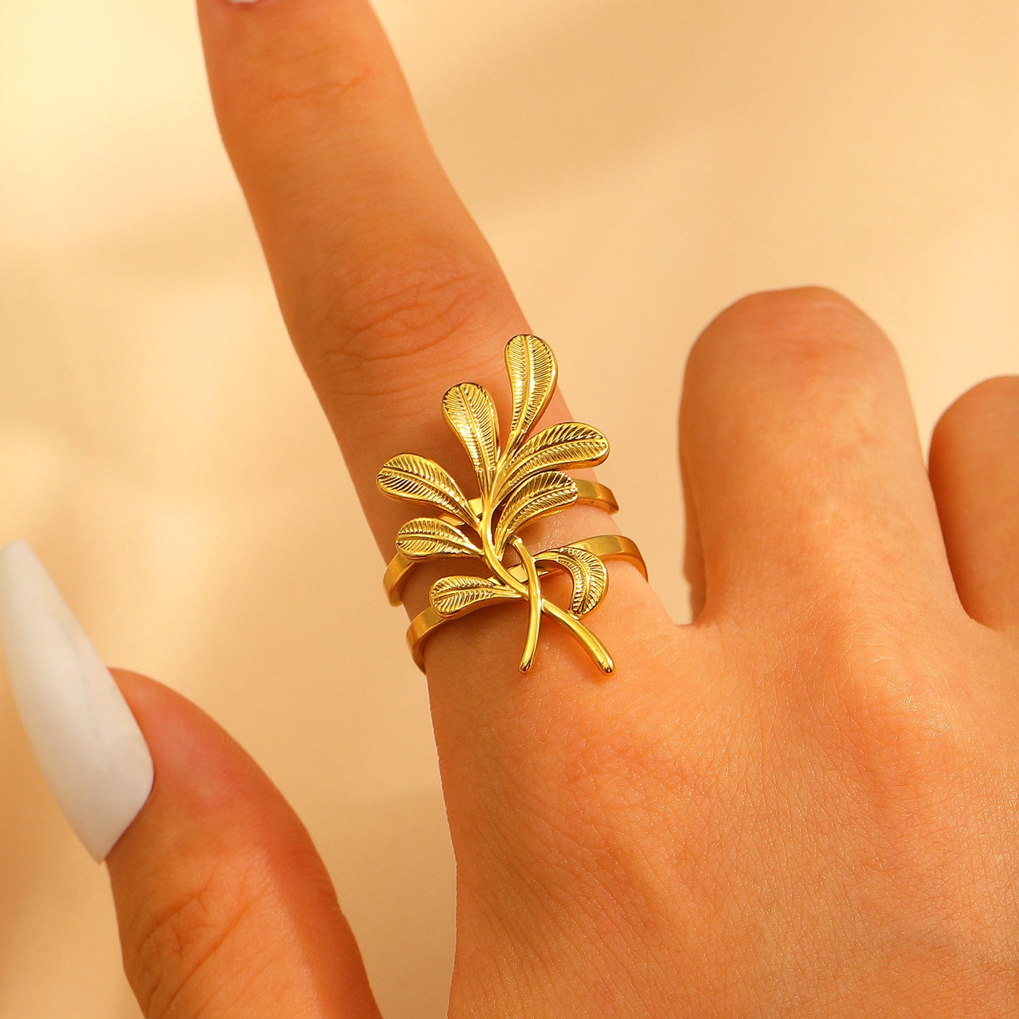 Steel Flower Leaf Female Exaggerated Personalized Hollow Ring