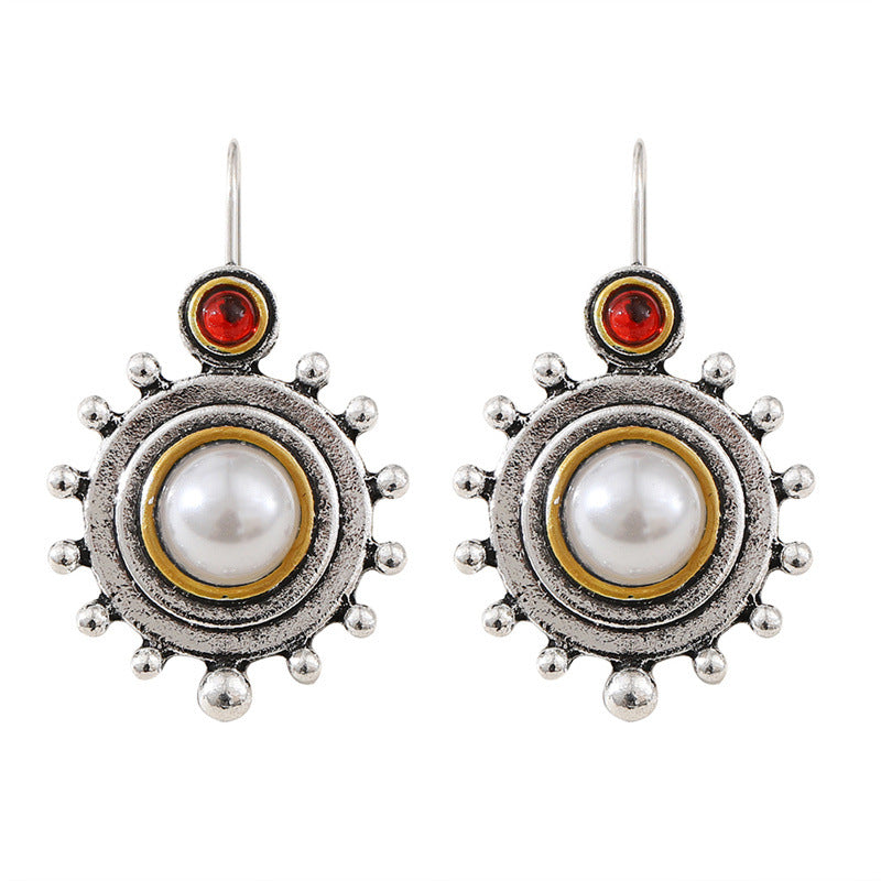 Style Retro Minority Round Pearl Flower Disk High Sense Affordable Earrings