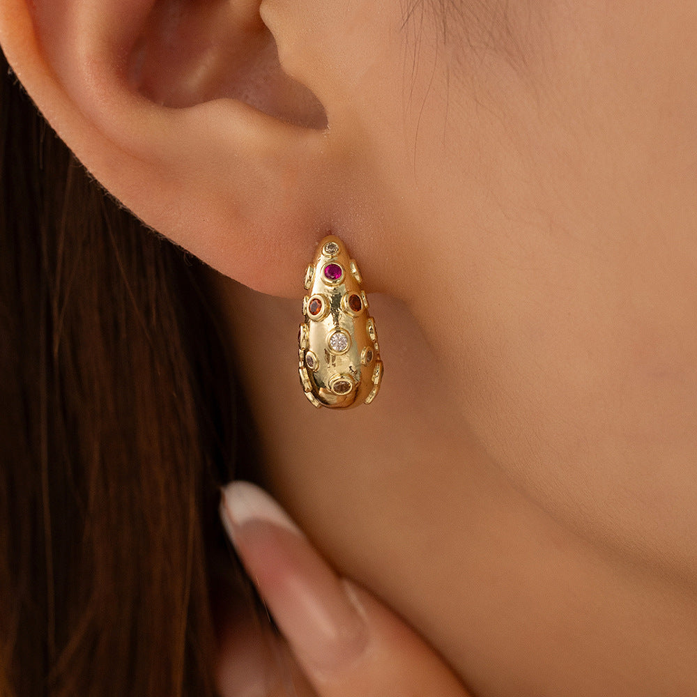 Fashion Design Stainless Steel Dropper Gold Inlaid Zircon Ear Buckle