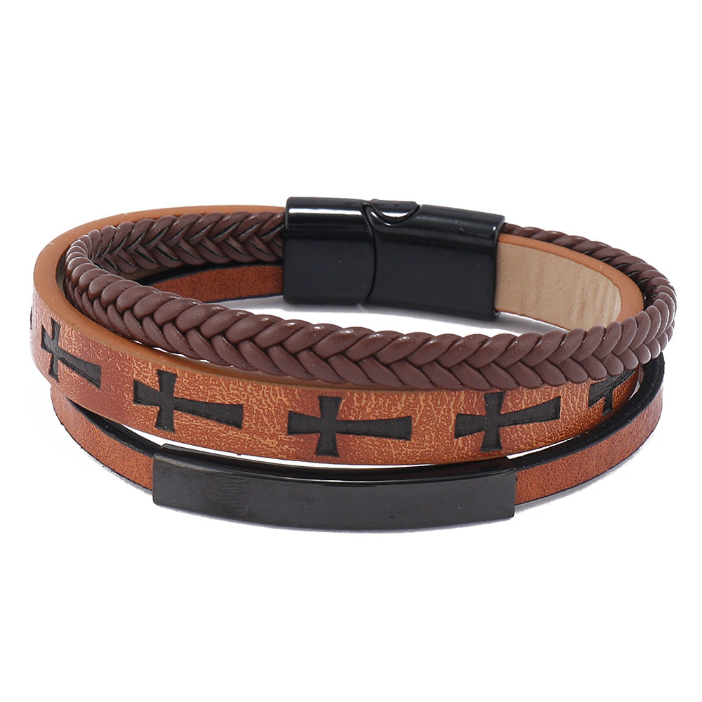 Men's Ornament Printed Cross Leather Woven Magnetic Bracelets