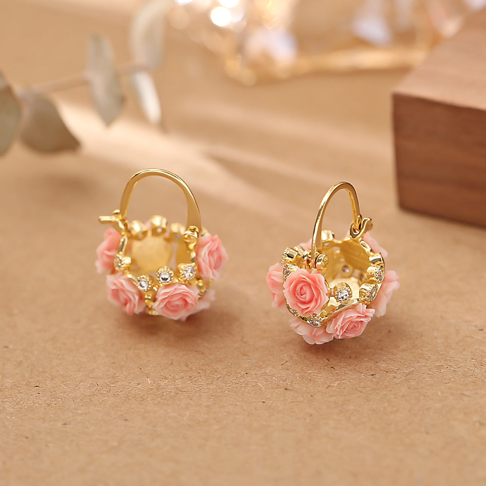 Gentle Pink Rose Flower Basket Ear Clip Design Earrings