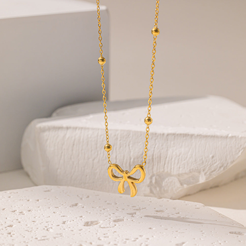 Women's Bowknot Round Beads Titanium Steel Fashion Trendy Simple Clavicle Necklaces
