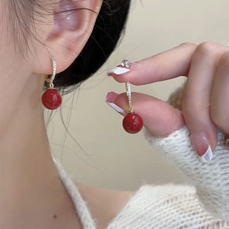 Sense Red Pearl Sier Needle Exquisite Versatile Earrings