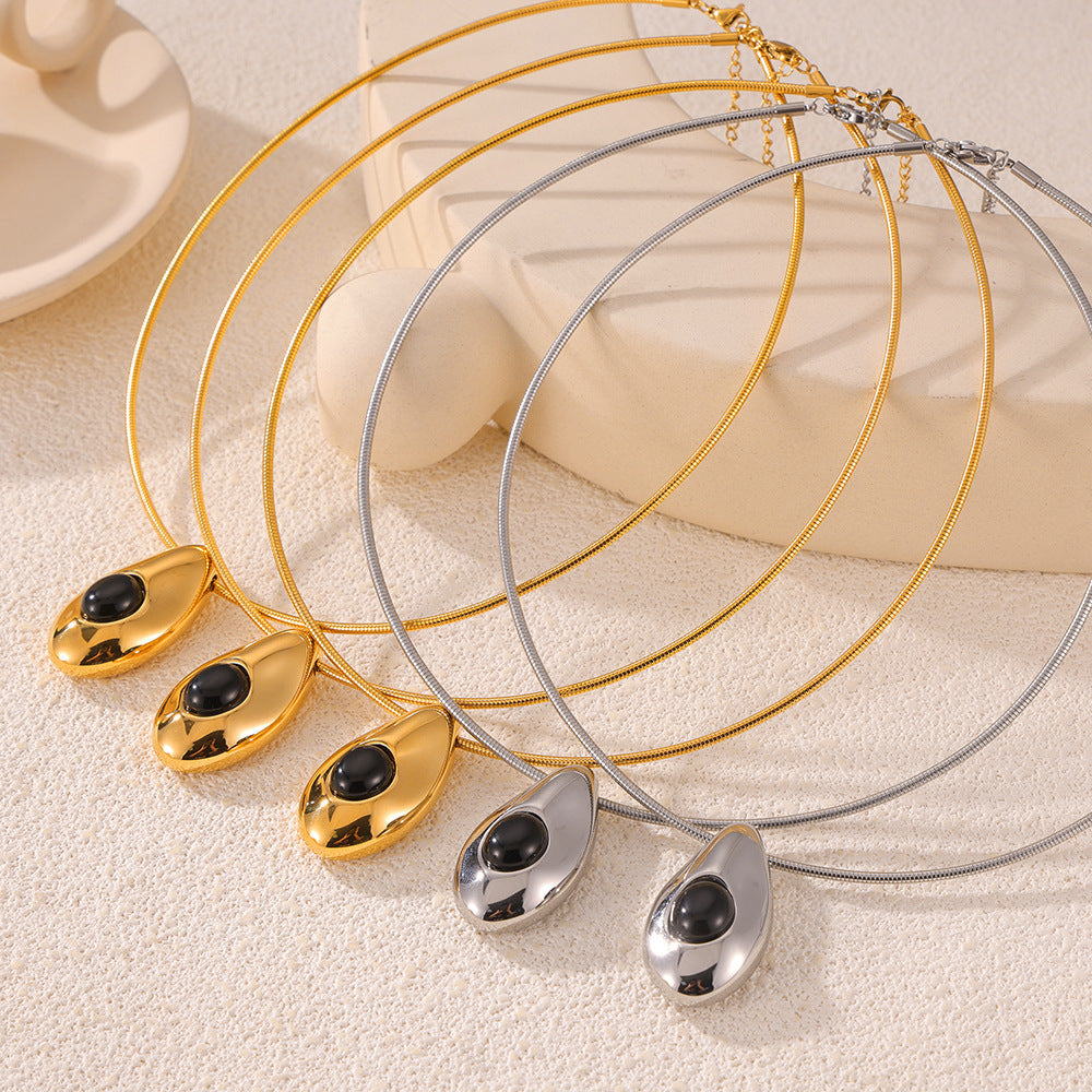 Women's Fashion Popular Titanium Steel Gold Plated Leather Rope Water Drop Necklaces