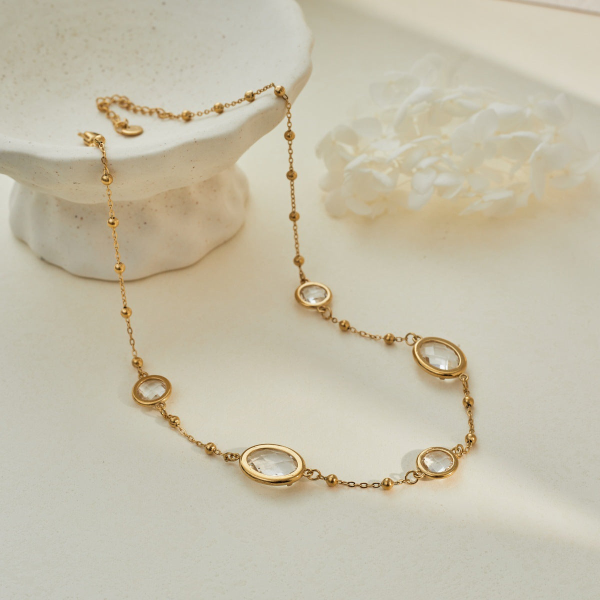 Stainless Steel Sweet Cool Style Colored Gems Edging Bead Necklaces