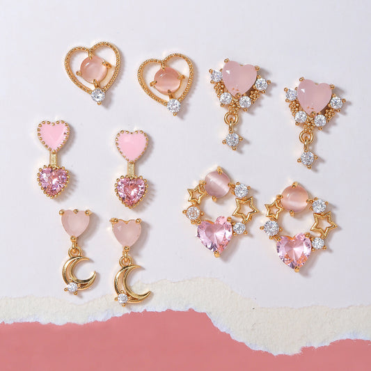 Pink Zircon Heart-shaped Electroplated Design Artistic Love Earrings
