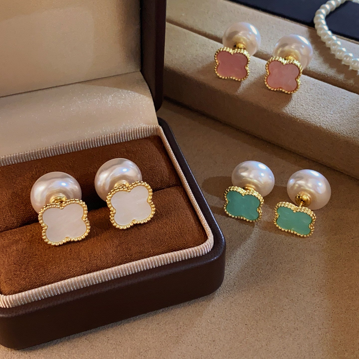 Indie Colorful Four-leaf Clover Pearl Double-sided Earrings