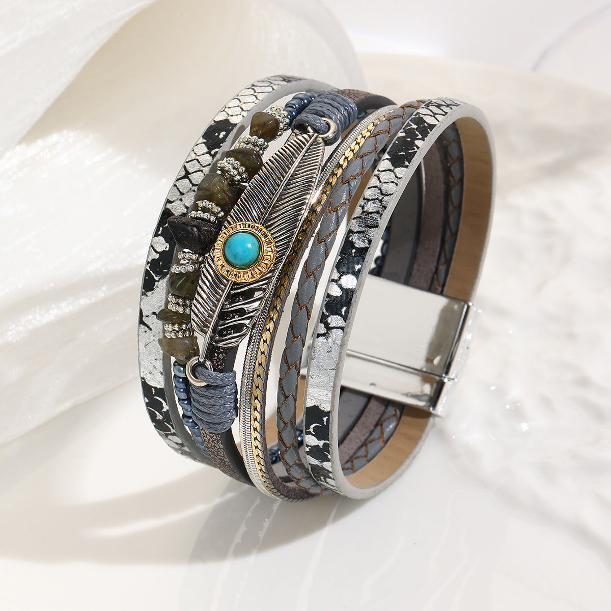 Bohemian Gravel Feather Leather Vintage Turquoise Bracelets