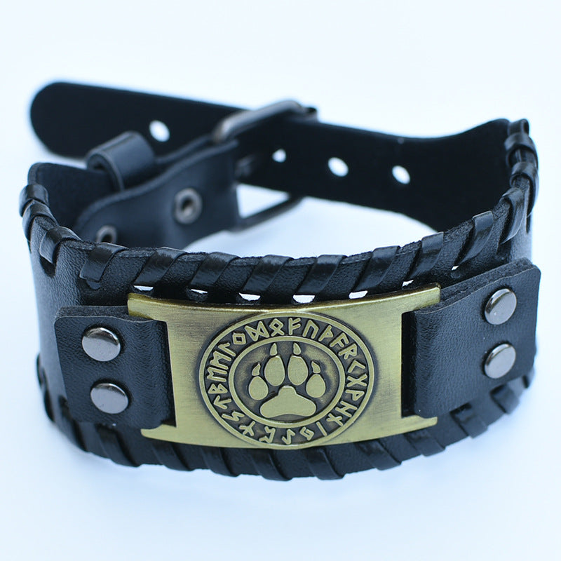 Men's Retro Viking Totem Leather Wolf Head Bear Claw Gossip Lucky Bracelet