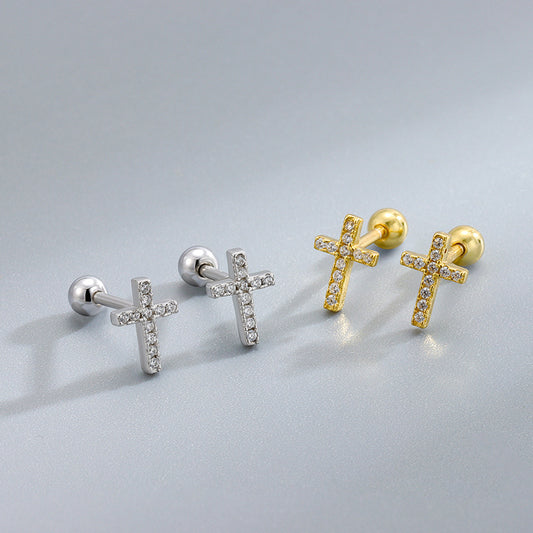 Women's Sterling Sier Cross Screw Needle Earplugs Ear Personalized Earrings