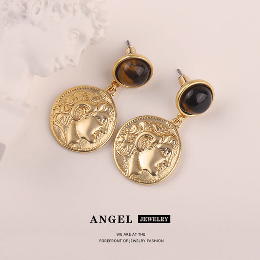 Women's Embossed Inlaid Gold Coin Light Luxury High Earrings