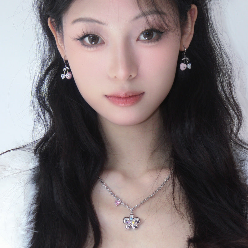 Elegant Pink Cherry Love Heart Sweet Cute Sier Light Luxury Earrings