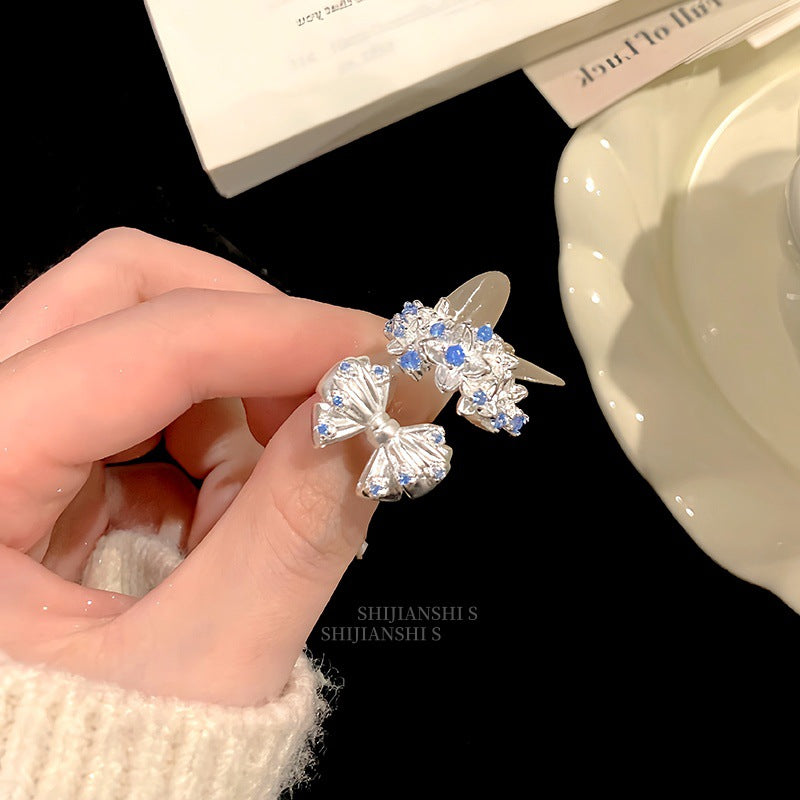 Women's Broken Small Fresh Pleated Frosted Bow Full Cluster Spot Drill Ring