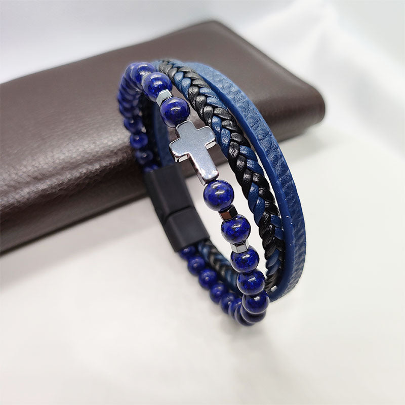 Cross Hematite Personalized Fashion Woven Leather Tigereye Frosted Bracelets