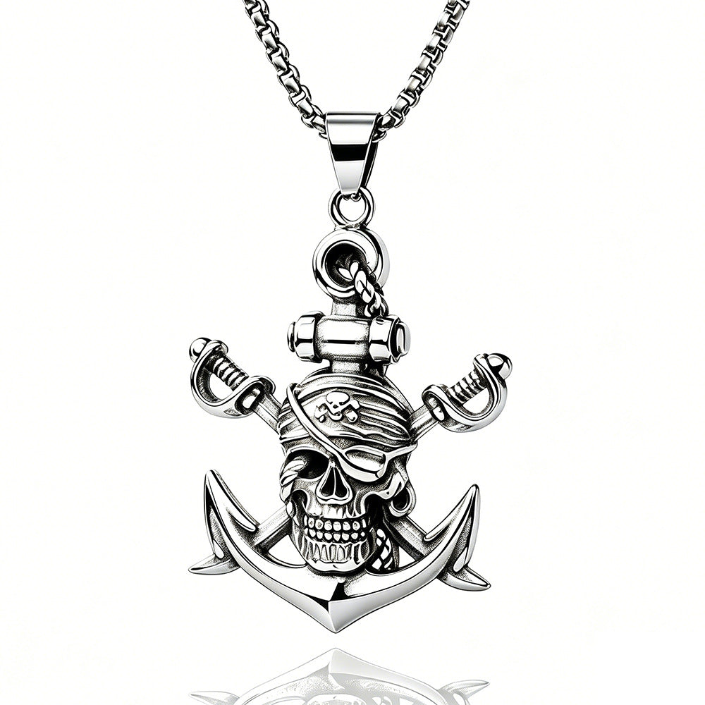Double Sword Pirate Titanium Steel Vintage Halloween Skull Ghost Head Necklace
