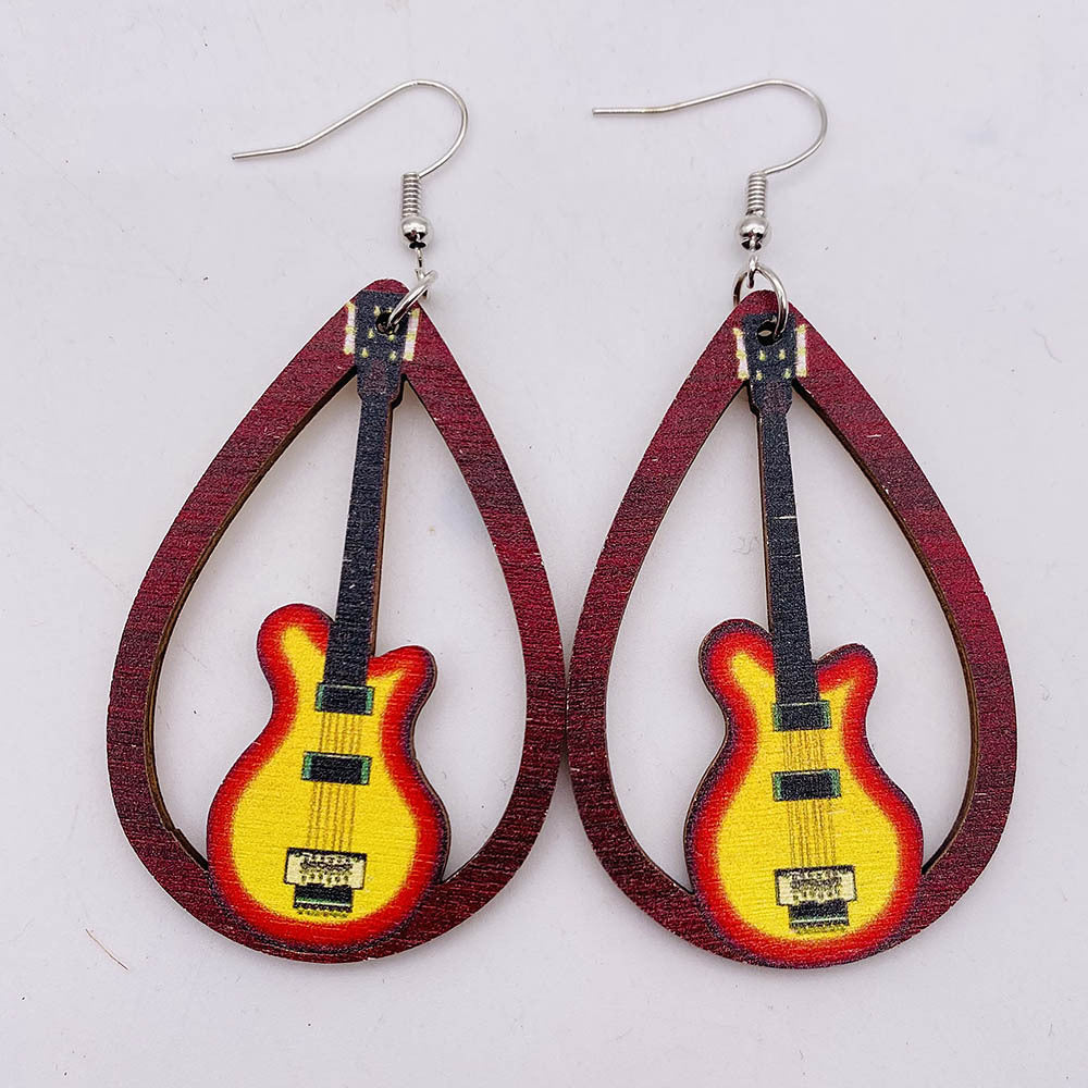 Hollow Out Guitar Wooden Fashion Musical Instrument Earrings