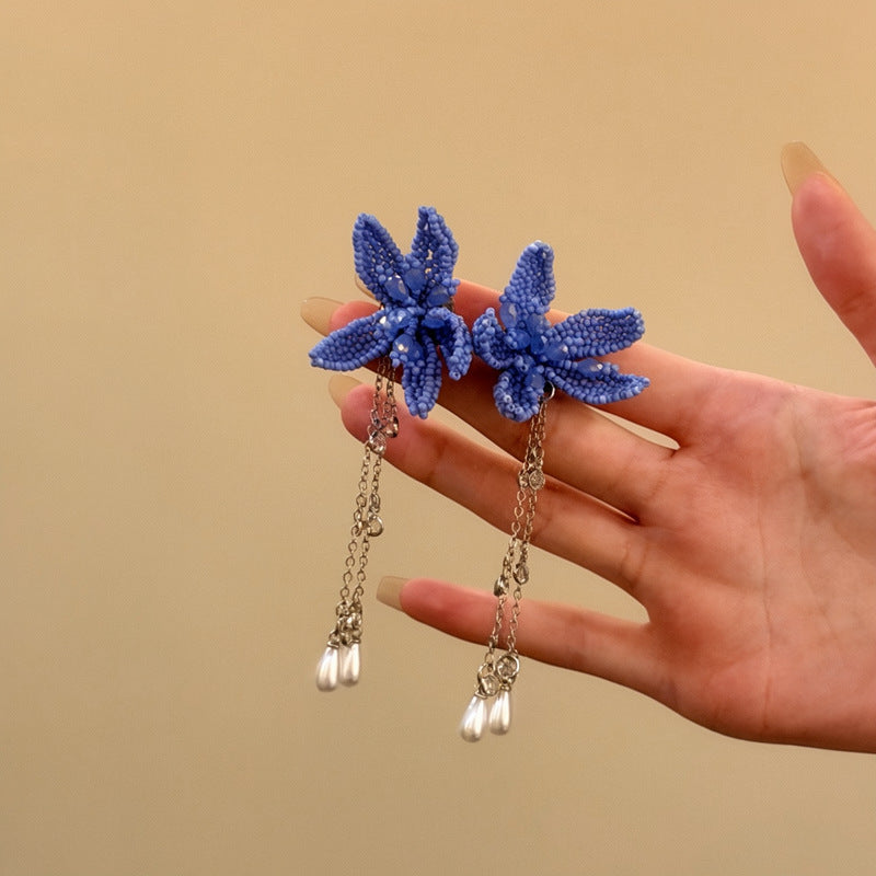 Dopamine Vacation Style Sier Needle Bead Flower Delicate Indie Earrings