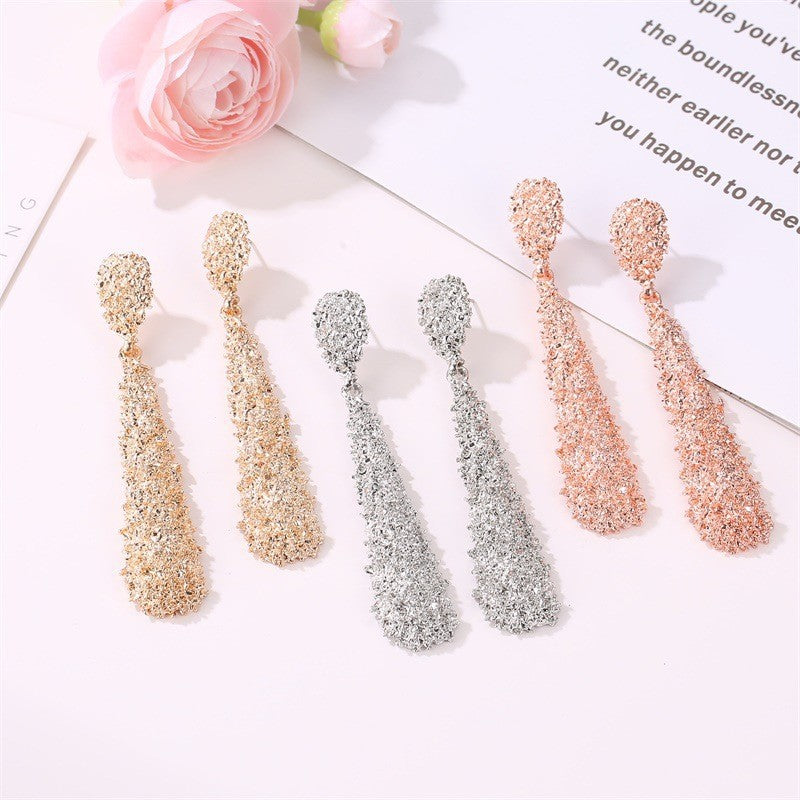 Exaggerated Alloy Frosted Long Eardrops Cold Wind Drop-shaped Stud Earrings