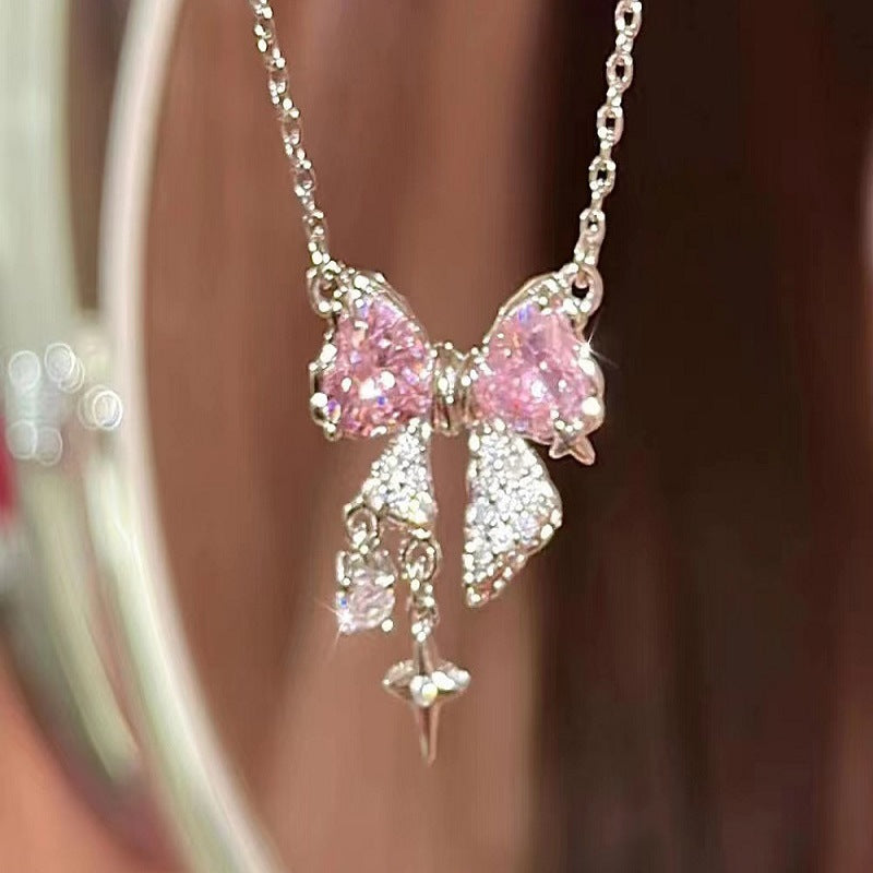 Pink Zircon Bow Niche Elegant Simple Light Necklaces