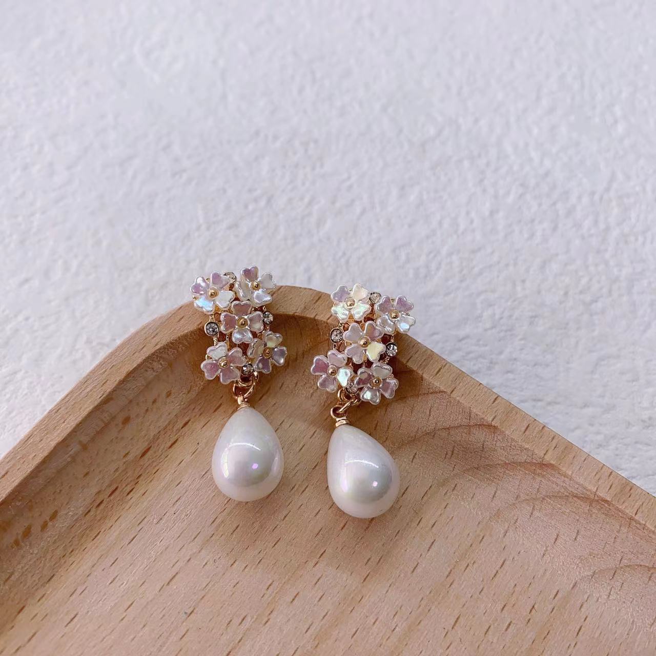 Sier Needle Imitation Shell Flower Design Creative Water Drop Rings