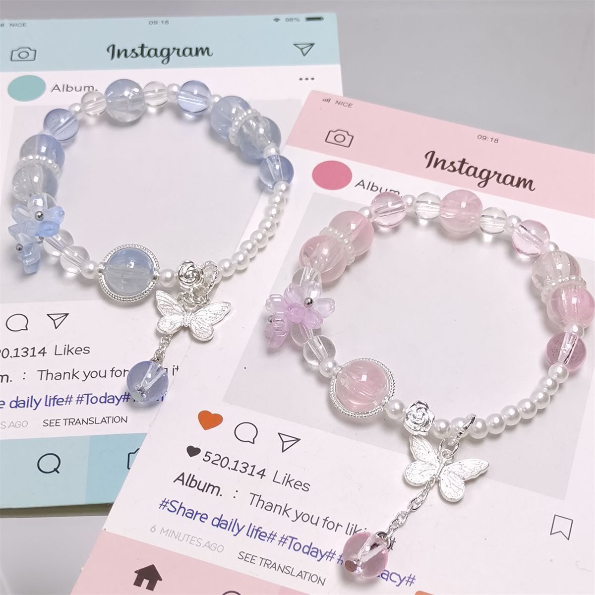 Sweet Dopamine Peach Blossom Pearl Super Niche Butterfly Classic Bracelet