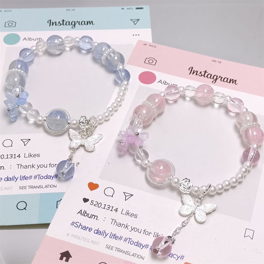 Sweet Dopamine Peach Blossom Pearl Super Niche Butterfly Classic Bracelet