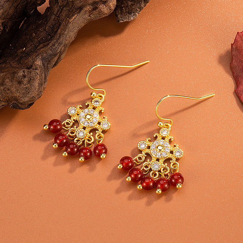 Women's Rhinestone Imitation Red Agate Tassel For Vintage Court Beaded Ear Earrings