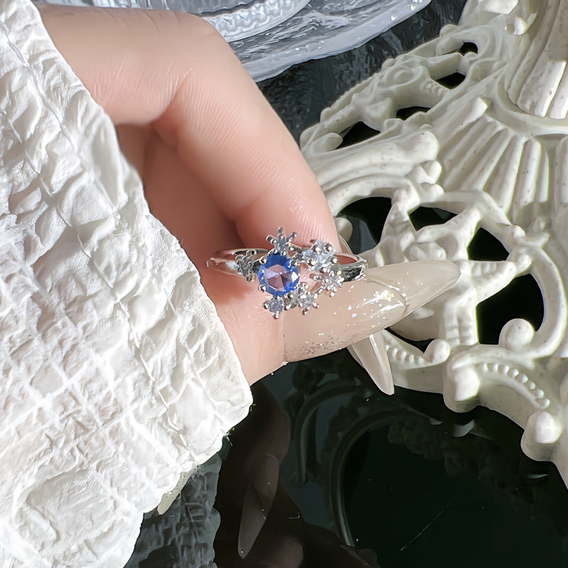 Women's Fashion Blue Open-end Zircon Light Luxury Minority Rings