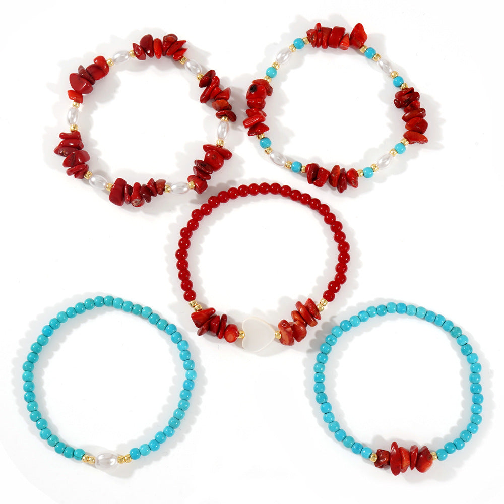 Summer Seaside Wear Red Coral Broken Pearl Heart Niche Design Bracelets