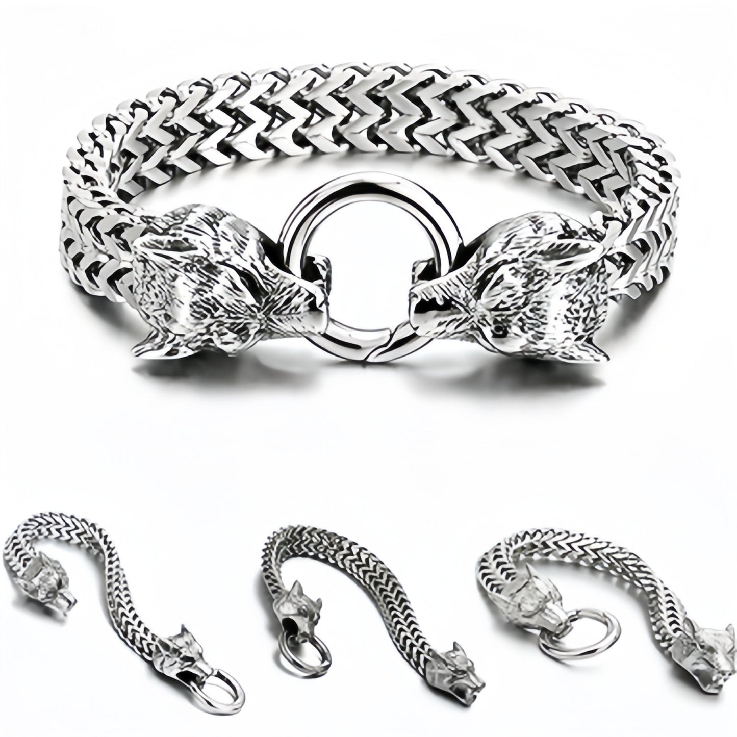 Stainless Steel Retro Personalized Viking Wolf Head Bracelet