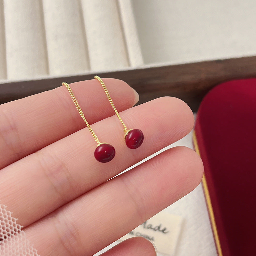 Plating Affordable Luxury Fashion Red Beads Retro Drip Glazed Triangle Ear Line