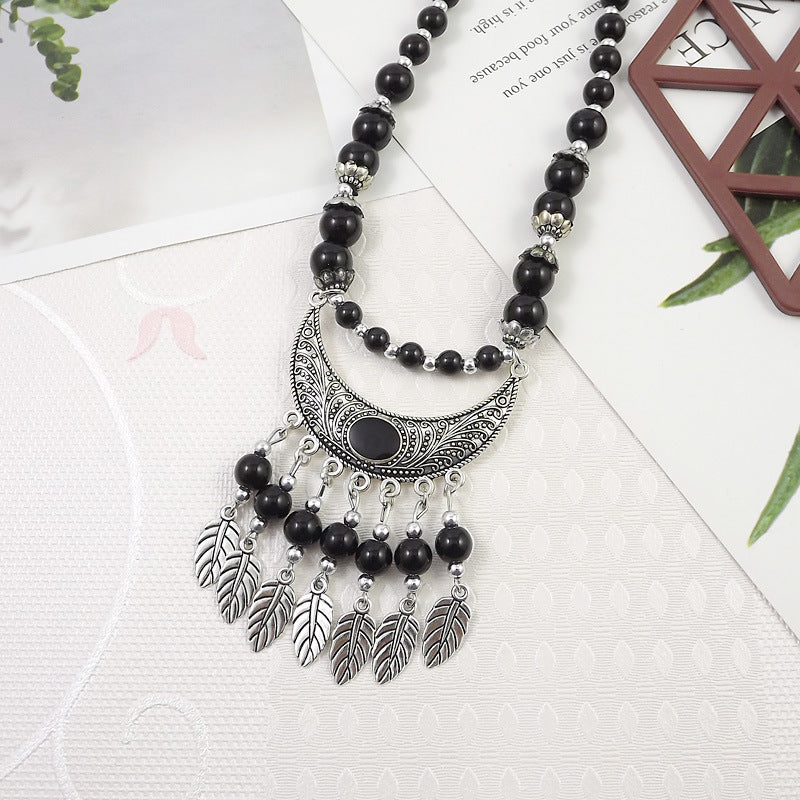 Retro Ethnic Style Crescent Leaf Tassel Forehead Exotic Necklace