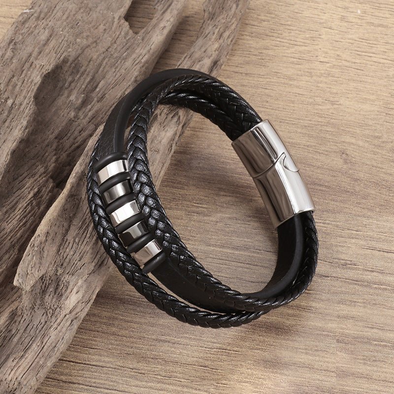 Stylish Men's Hand-woven Magnetic Snap Leather Bracelet