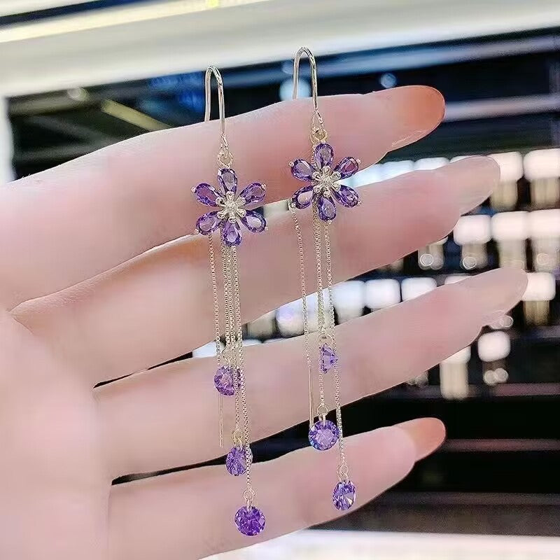 Purple High-grade Flower Trendy Temperamental Long Eardrops Niche Ear Line