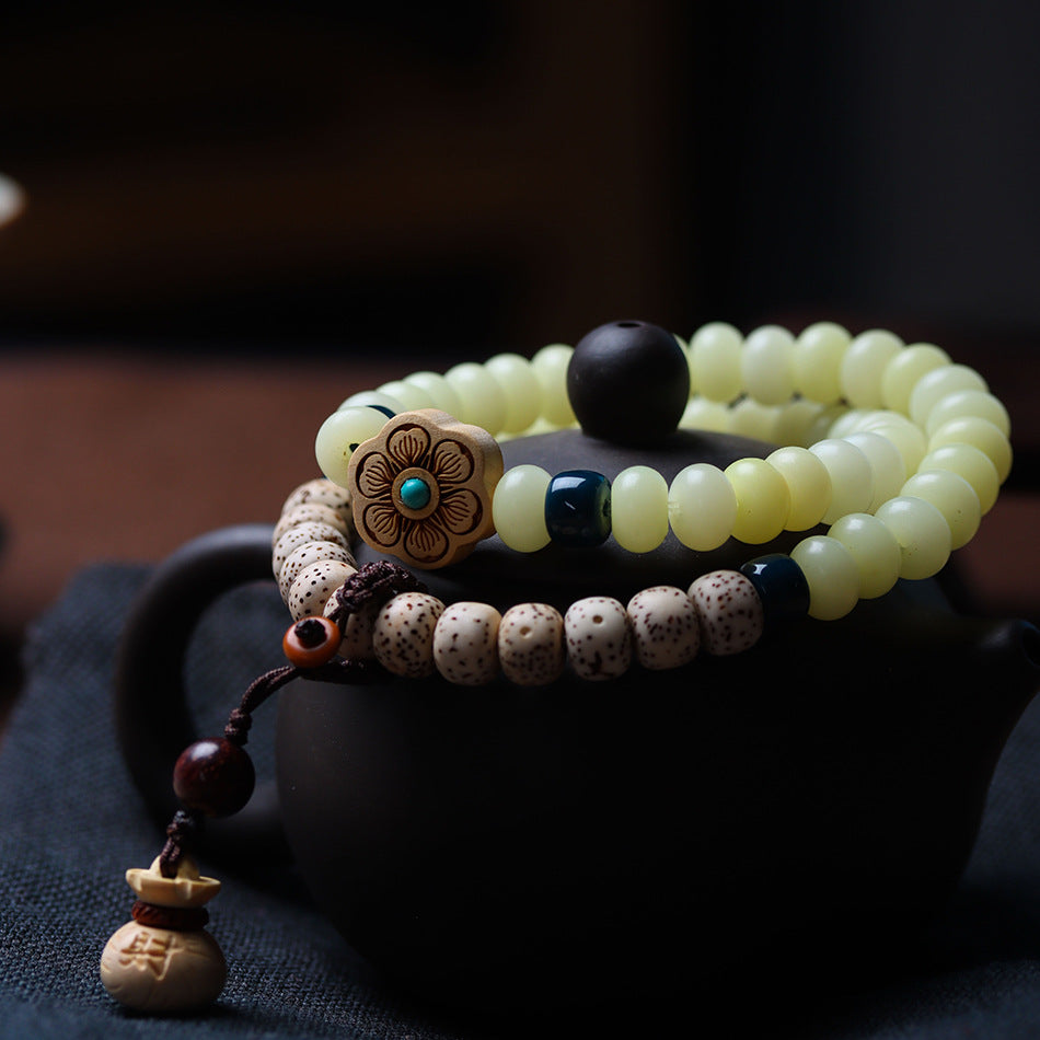 Weathering Custard Bodhi Boxwood Carved Plum Blossom Star Moon Half Bracelets