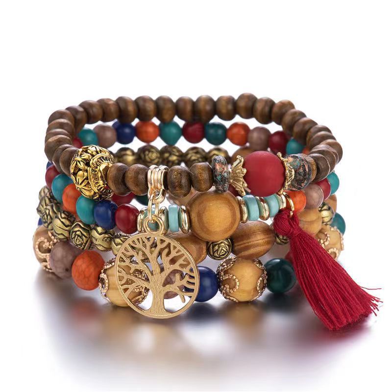 Bohemian Style Wooden Bead Beaded Elastic Bracelets