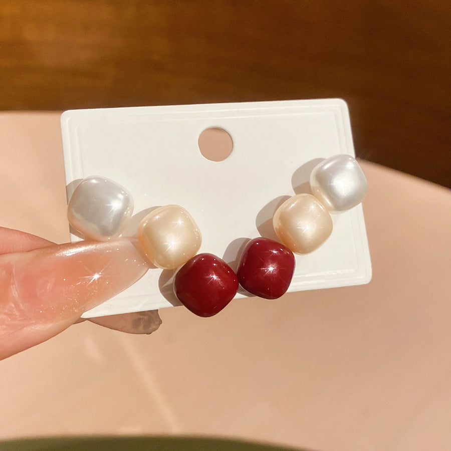 Sier Needle Round Square Earings French Retro Fashion Stud Earrings