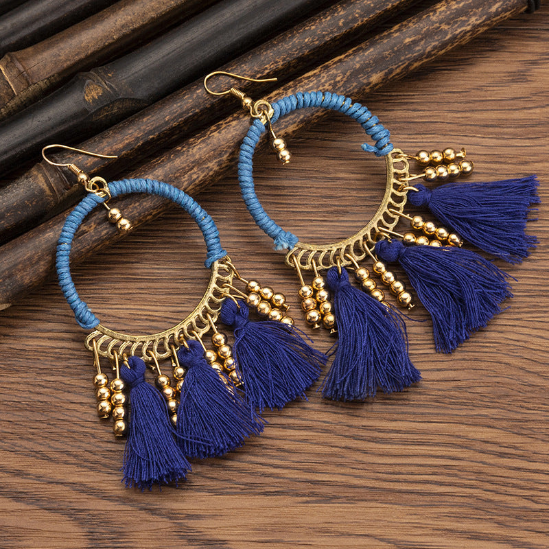 Women's Ethnic Style Bead Tassel Hand-woven Yunnan Earrings