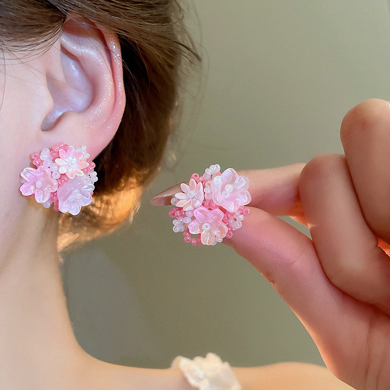 Dopamine Vacation Style Sier Needle Bead Flower Delicate Indie Earrings