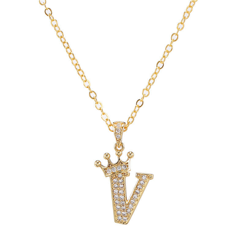 Zircon Crown English Letter Design Gold Clavicle Necklace